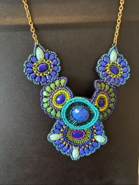 Vibrant Blue & Green Beaded Floral Statement Necklace